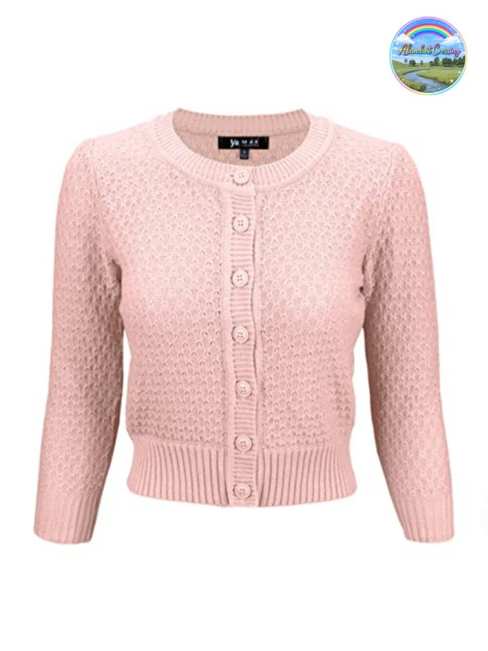 Women's Crochet 3/4 Sleeve Cropped Crewneck Cardigan Cotton Knit